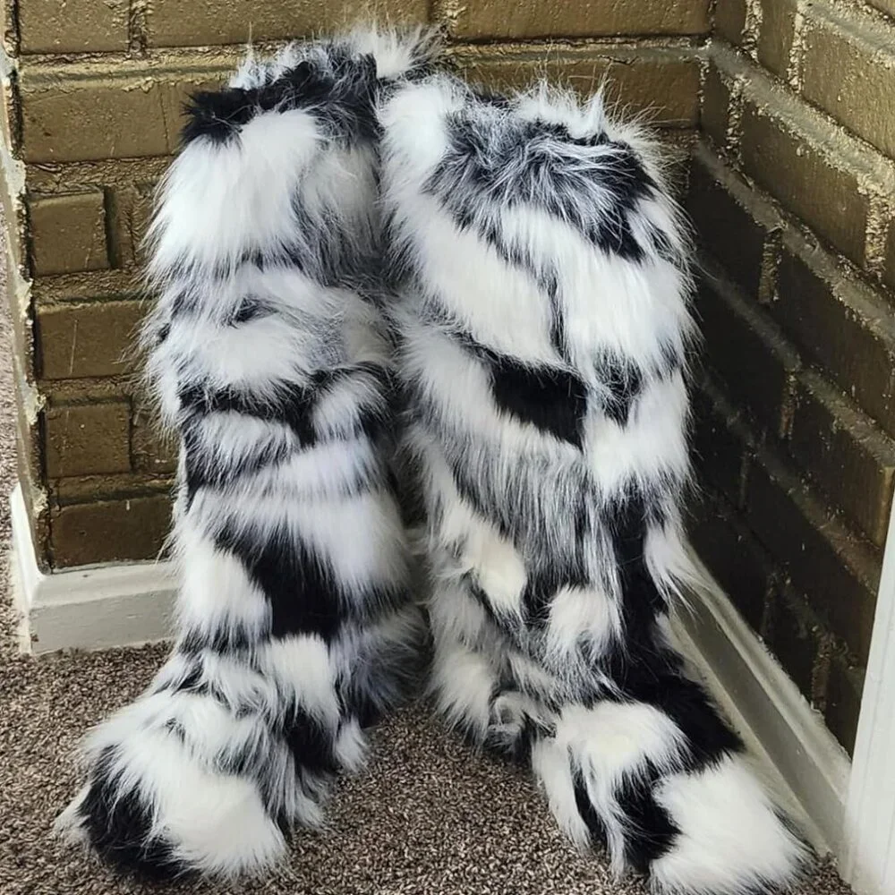 🆕Women Black and White Decors Faux Fur Round Toe Knee High Warm Outdoor Boot